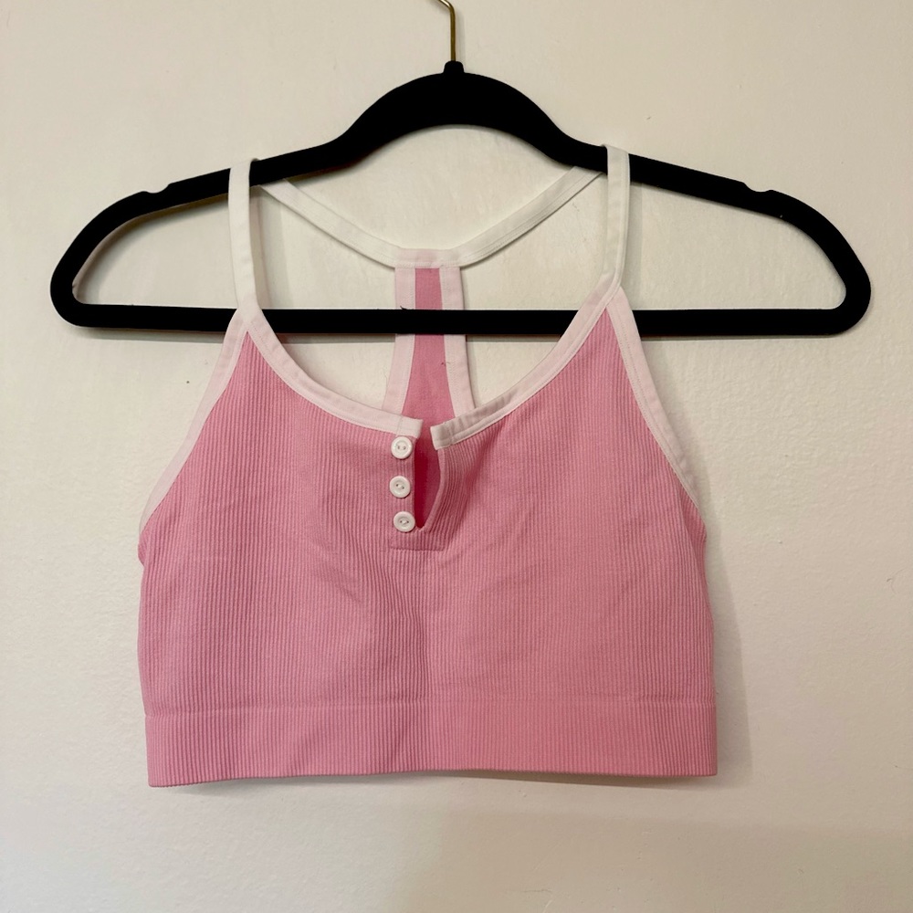 Pink Top With Simulated Button Opening And White Trim